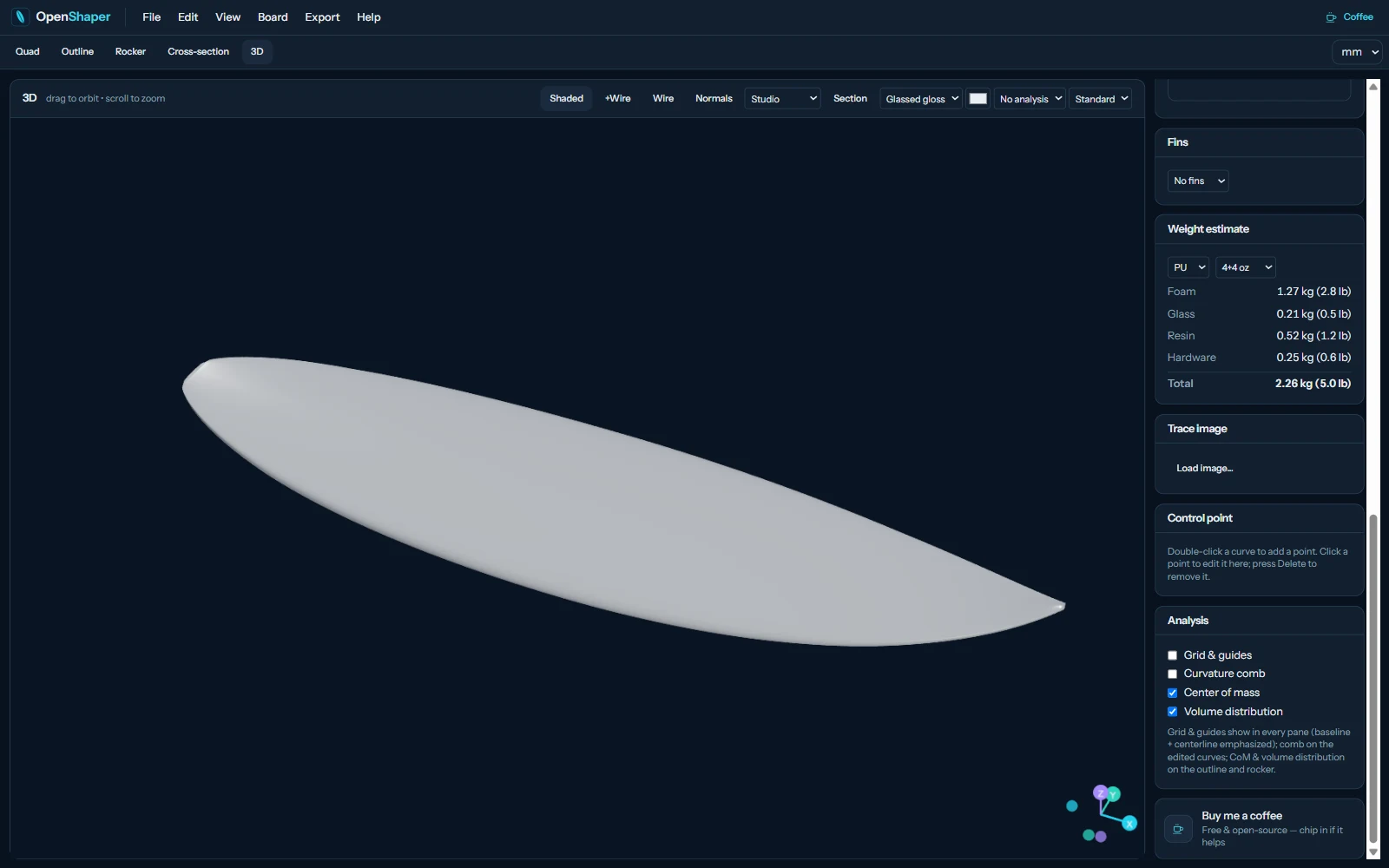 3D preview of a surfboard design in free surfboard design software