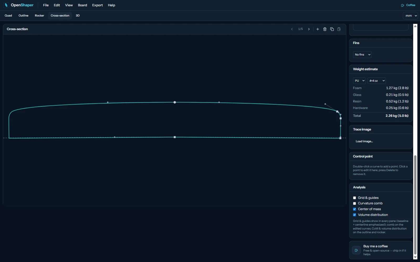 A surfboard cross-section in design software showing the rail profile between deck and bottom
