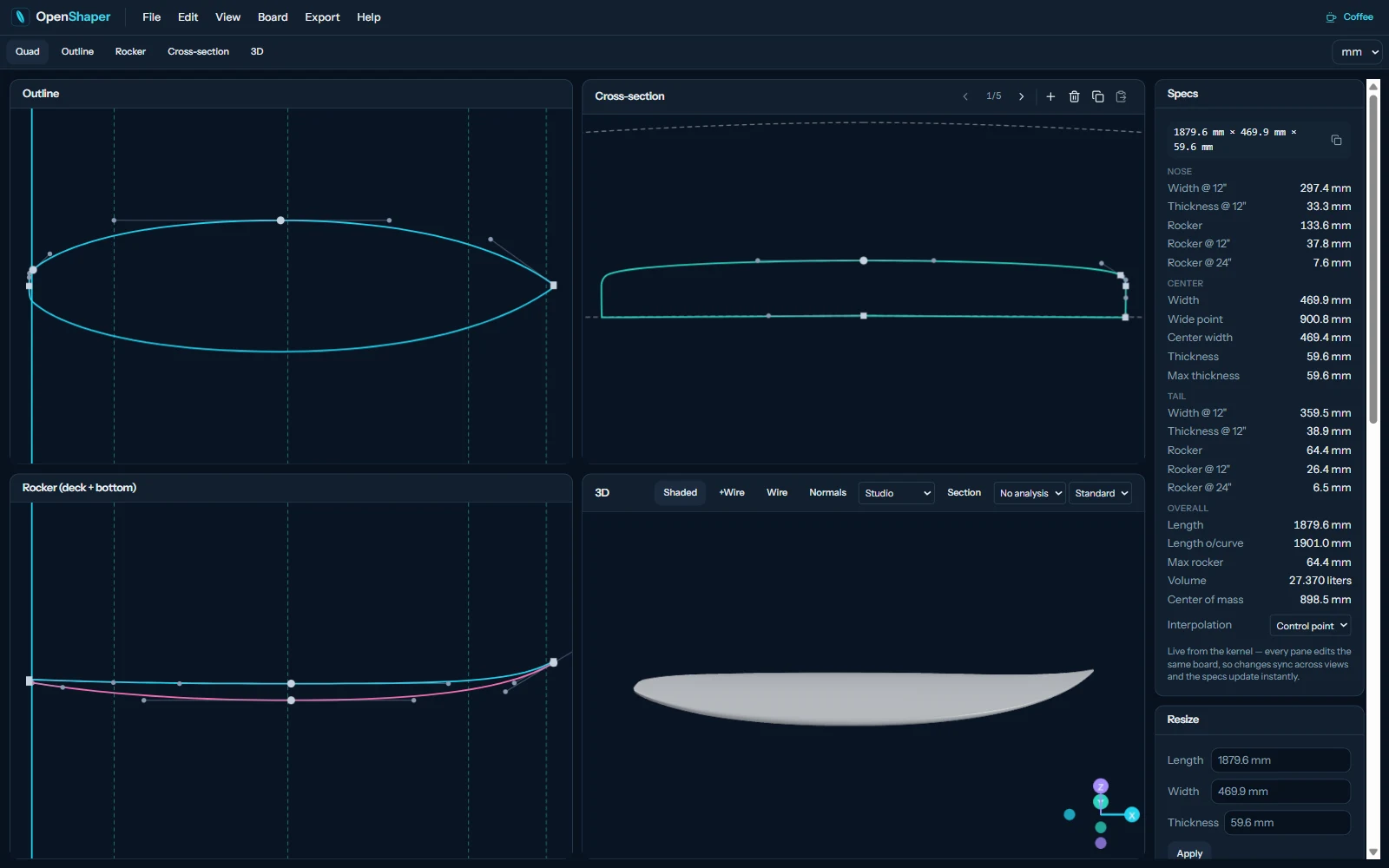 Surfboard design software showing a board's outline, cross-section, rocker and 3D views with a live spec panel